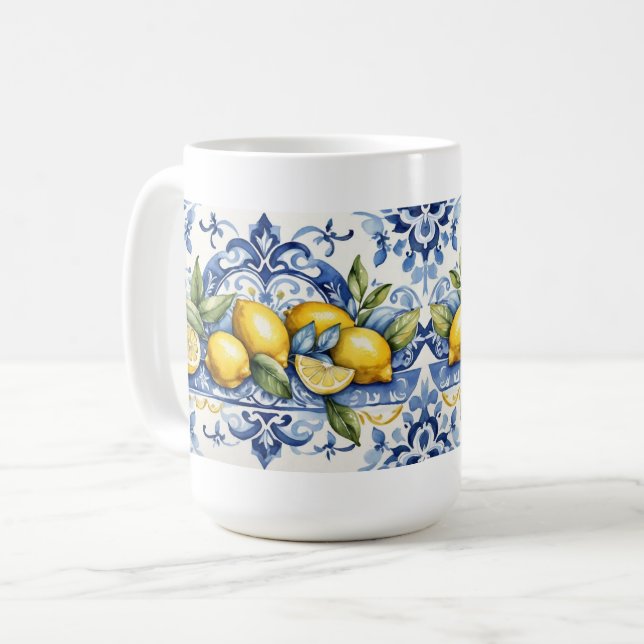 Italian Amalfi blue white tiles and lemons Coffee Mug (Front Left)