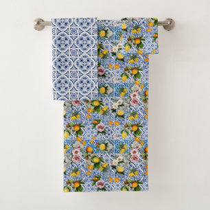 Italian Amalfi blue white tiles lemons Bath Towel Set