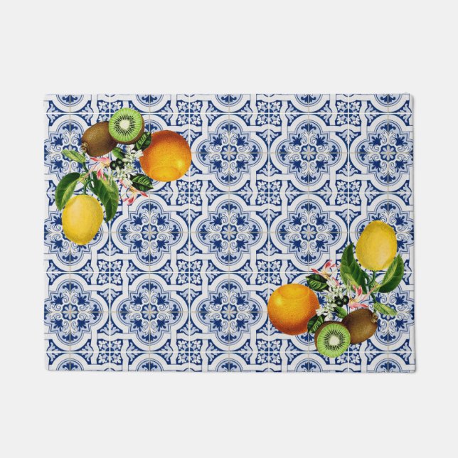 Italian Amalfi blue white tiles lemons Doormat (Front)