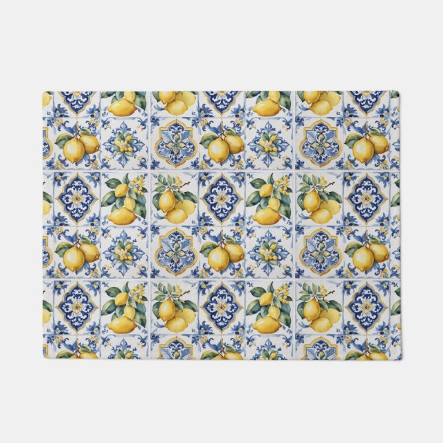 Italian Amalfi blue white tiles lemons Doormat (Front)
