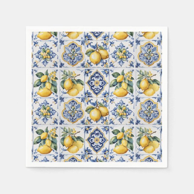Italian Amalfi blue white tiles lemons Napkin (Front)