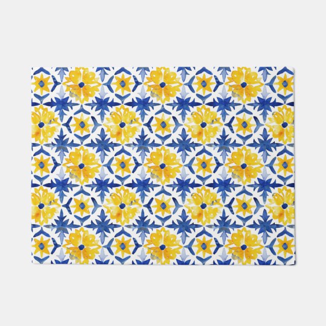 Italian Amalfi blue white yellow tiles Doormat (Front)