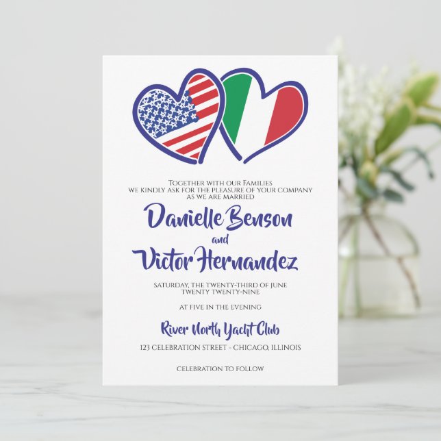 Italian American Heart Flags Wedding Invitation (Standing Front)