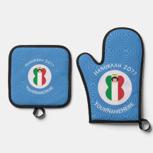 Italian Angel Hanukkah Flag Personalised Oven Mitt & Pot Holder Set