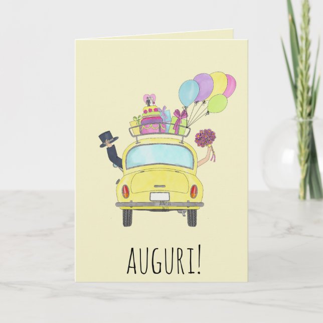 Italian Auguri Wedding Day Yellow Retro Car Card (Front)
