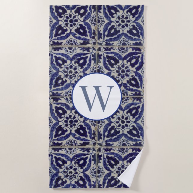 Italian Azulejo Blue White Geometric Monogrammed  Beach Towel (Front)