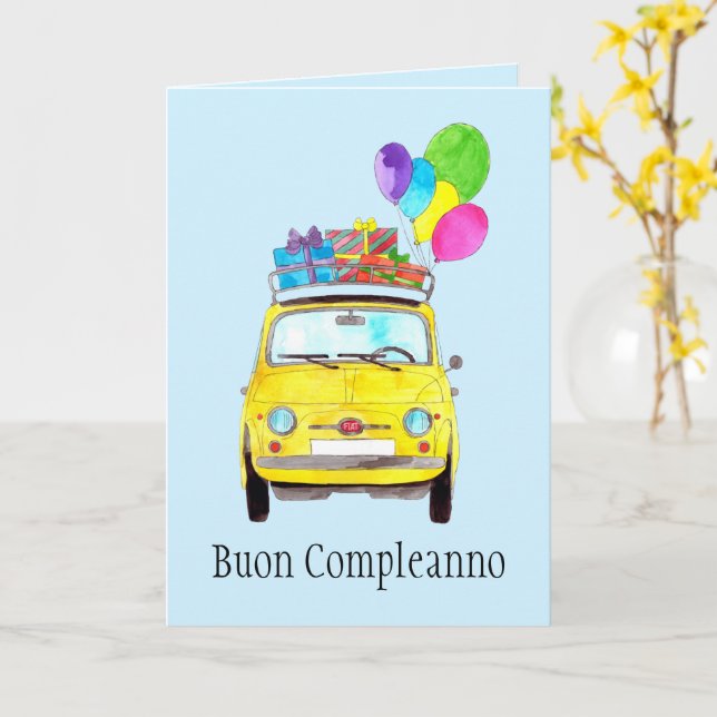 Italian Birthday Retro Fiat 500 Card (Yellow Flower)
