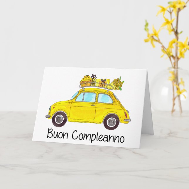 Italian Birthday Retro Fiat 500 Card (Yellow Flower)