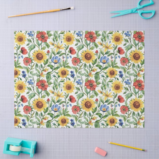 Italian Blue Red Yellow Sunflowers Floral Birthday Tissue Paper (Craft)