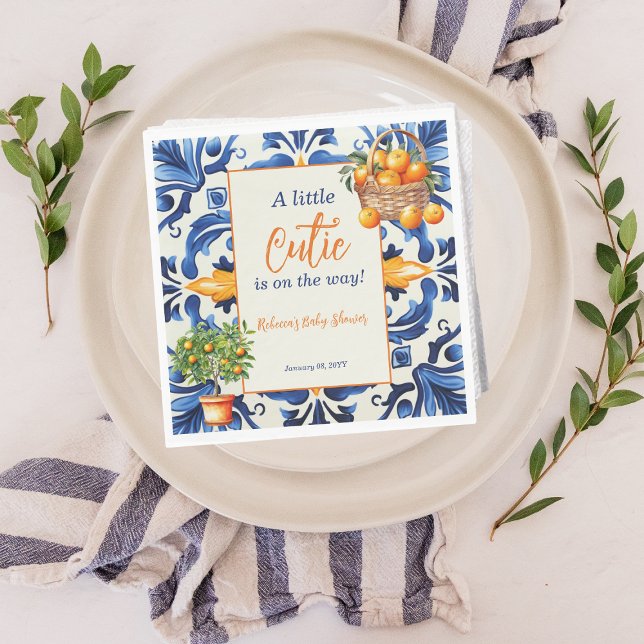 Italian Blue Tile Cutie Orange Citrus Baby Shower Napkin (Creator Uploaded)