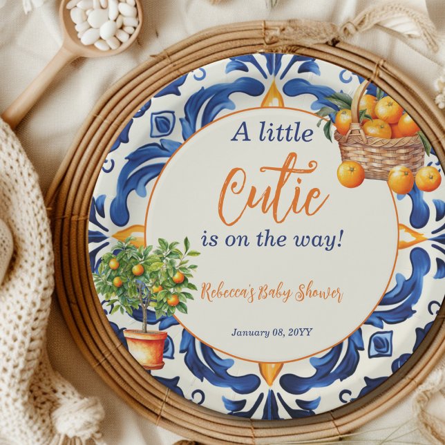 Italian Blue Tile Cutie Orange Citrus Baby Shower Paper Plate (Creator Uploaded)
