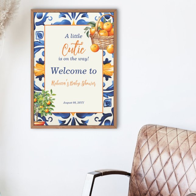 Italian Blue Tile Cutie Orange Citrus Baby Shower Poster (Creator Uploaded)