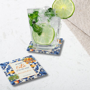 Italian Blue Tile Cutie Orange Citrus Baby Shower Square Paper Coaster