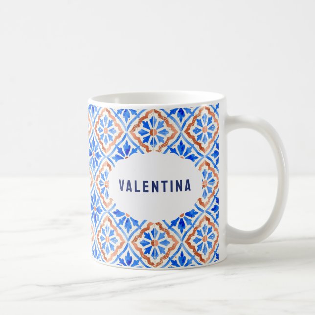 Italian Blue Tile Elegant Patterned Custom Name Coffee Mug (Right)
