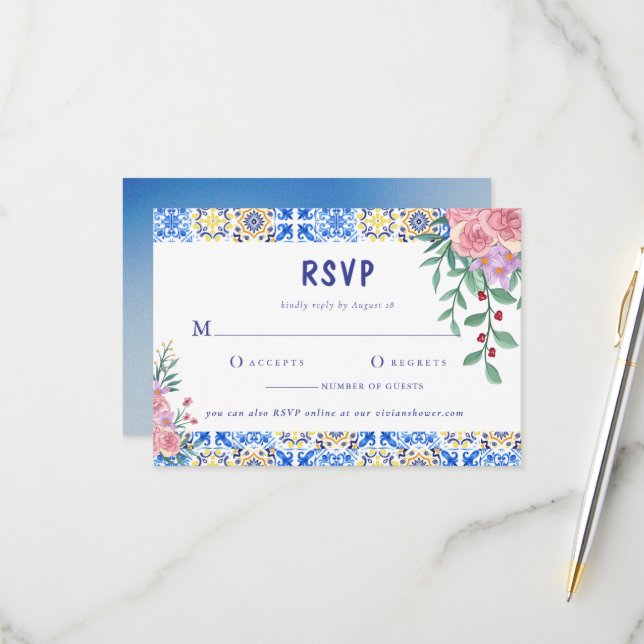 Italian Blue Tile Floral Mamma Mia RSVP Card (Front/Back In Situ)
