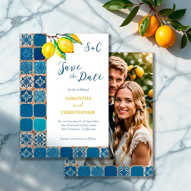 Italian Blue Tile Lemon Citrus Mediterranean Photo Save The Date (Creator Uploaded)