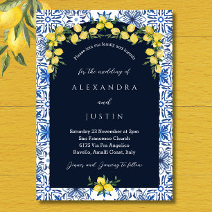 Italian Blue Tile Lemon Mediterranean Wedding Invitation