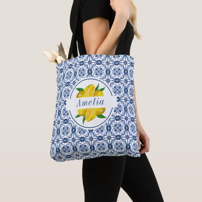 Italian Blue Tile Lemon Wedding Favour Tote Bag (Close Up)