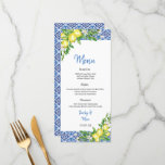 Italian Blue tile Lemon Wedding Reception menu<br><div class="desc">Our Blue Tile Amalfi Coast wedding dinner menu card is perfect for an elegant wedding. The modern rustic yet elegant design features romantic watercolor flowers and lemons in soft tones of yellow , green, and cream white with blue tile accents. This menu can be used for a wedding reception, rehearsal...</div>