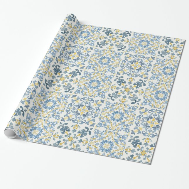 Italian Blue Tile Lemon Wrapping Paper (Unrolled)