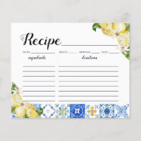 Italian Blue Tile Lemons Bridal Shower Recipe Card