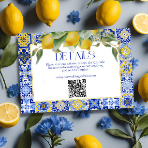 Italian Blue Tile Lemons Wedding Website QR Code Enclosure Card