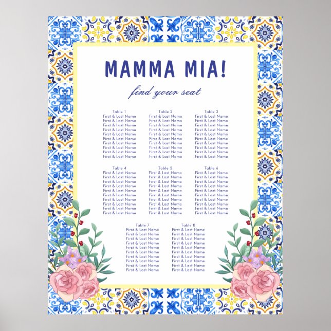 Italian Blue Tile Mamma Baby Shower Seating Chart (Front)