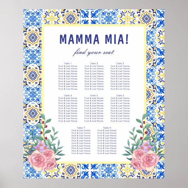 Italian Blue Tile Mamma Baby Shower Seating Chart (Front)