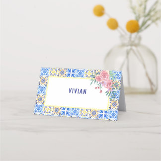 Italian Blue Tile Mamma Mia Baby Shower Name Place Card