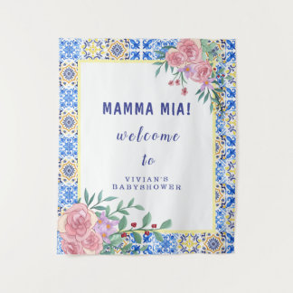 Italian Blue Tile Mamma Mia Baby Shower Welcome Tapestry