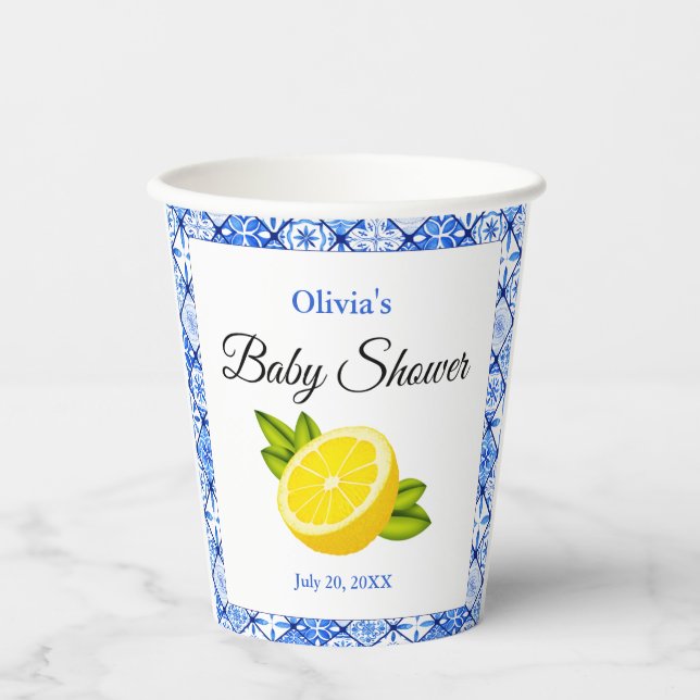 Italian Blue Tile Mediterranean Lemon Baby Shower  Paper Cups (Front)