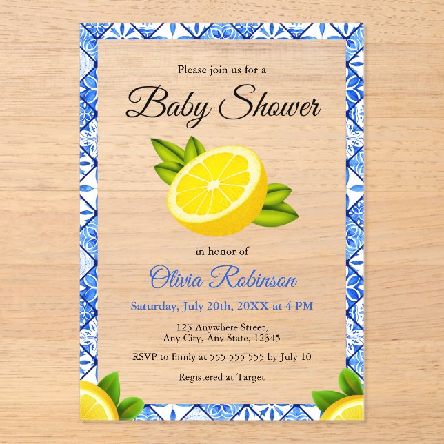 Italian Blue Tile Positano Lemon Baby Shower Acrylic Invitations (Front)