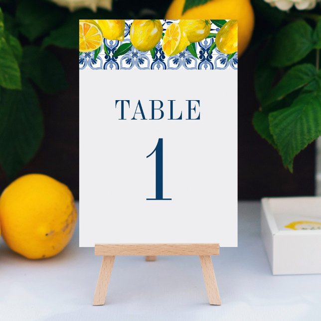  Italian Blue Tile Watercolor Lemon Wedding Table Number (An elegant Mediterranean  lemon themed wedding table place card)