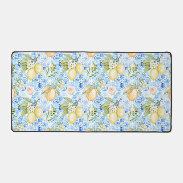 Italian Blue Tile Yellow Citrus Watercolor Desk Mat (Front)