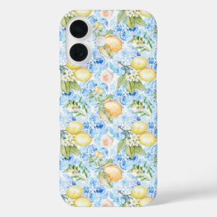 Italian Blue Tile Yellow Lemon Watercolor iPhone 16 Case