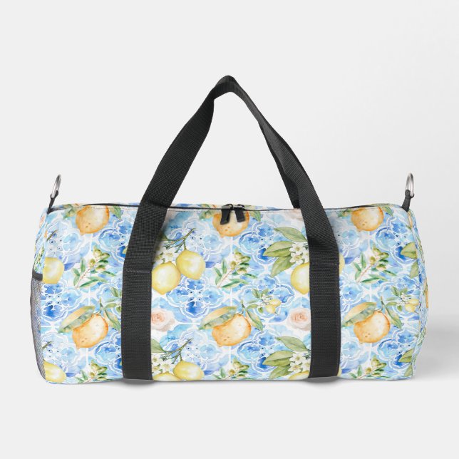 Italian Blue Tile Yellow Lemon Watercolor Duffle Bag (Back)