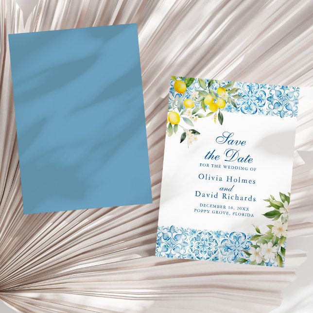 Italian Blue Tiles and Lemon Save The Date Card (Italian Blue Tiles and Lemon Save The Date Card on a sunny white dry palm leaf.)