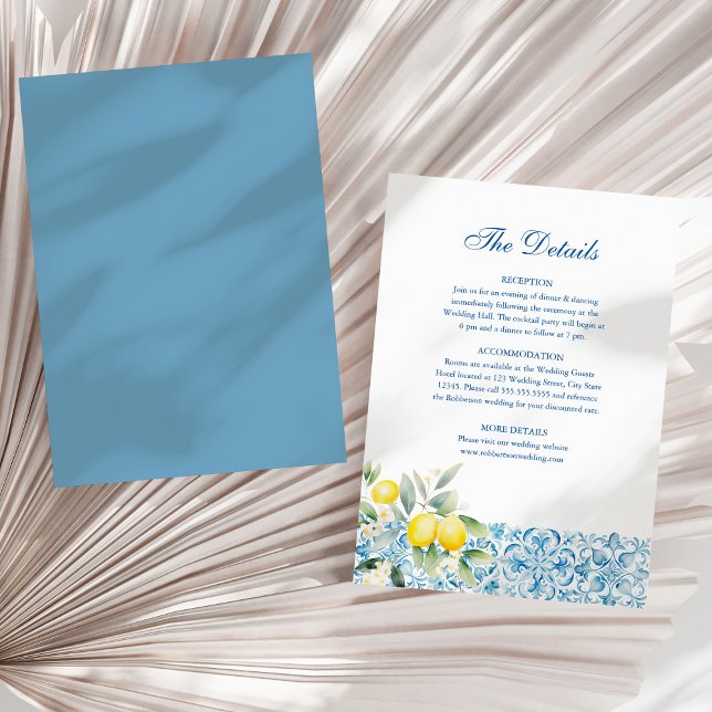 Italian Blue Tiles and Lemons Wedding Details Card (Italian Blue Tiles and Lemons Wedding Details Card on a sunny white dry palm leaf.)