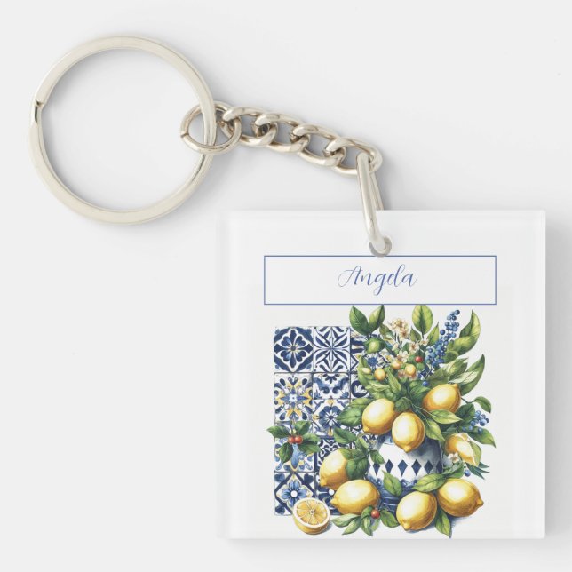 Italian blue tiles and lemons | your name key ring (Front)