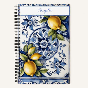 Italian blue tiles and lemons your name notebook