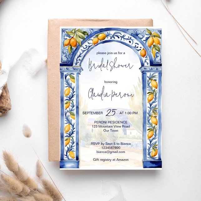 Italian Blue tiles arch lemons bridal shower Invitation (Creator Uploaded)