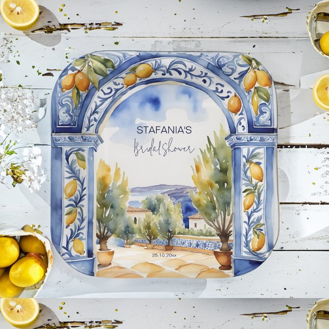 Italian Blue tiles arch lemons bridal shower Paper Plate (Italian Blue tiles arch lemons bridal shower tableware personalized Paper Plates watercolor majolica)