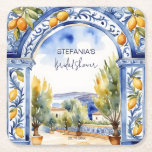 Italian Blue tiles arch lemons bridal shower Square Paper Coaster<br><div class="desc">Italian Blue tiles arch lemons bridal shower tableware personalised coaters,  watercolor blue ceramics arch Italian landscape scenery Mediterranean themed bridal shower coasters</div>