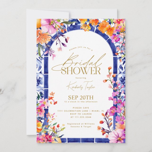 Italian Blue Tiles Bright Flowers Bridal Shower Invitation (Front)