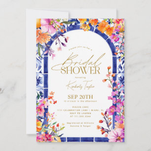 Italian Blue Tiles Bright Flowers Bridal Shower Invitation