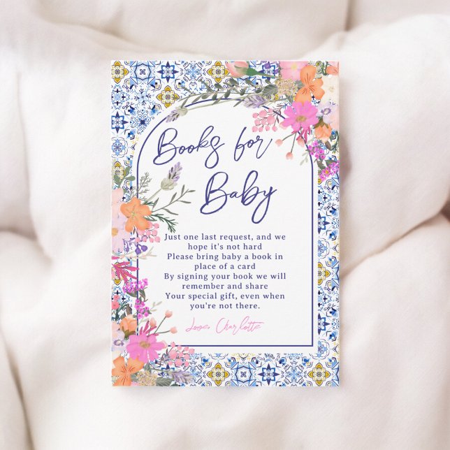 Italian blue tiles floral books for baby shower enclosure card (Italian blue tiles floral books for baby shower enclosure card)