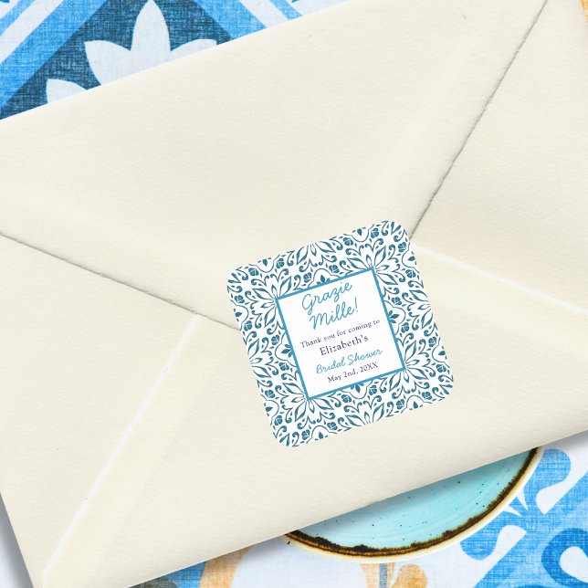 Italian Blue Tiles Grazie Thank You Bridal Shower Square Sticker (Creator Uploaded)