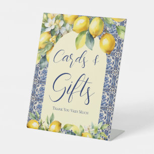 Italian blue tiles & lemon baby shower cards gifts pedestal sign