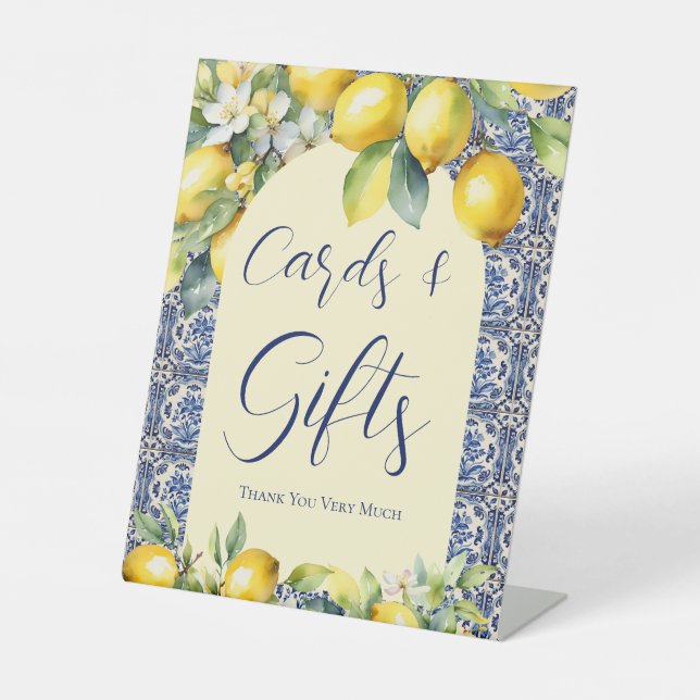 Italian blue tiles & lemon baby shower cards gifts pedestal sign (Front)