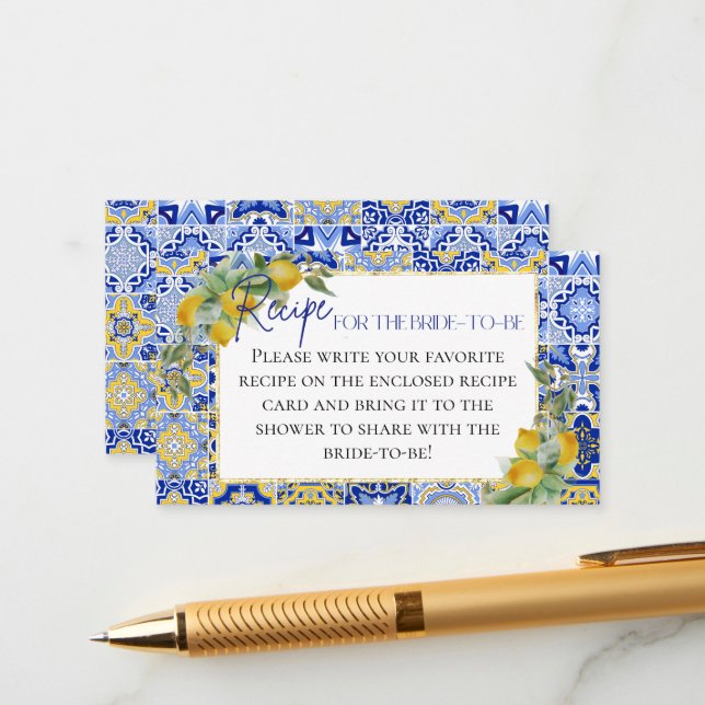 Italian Blue Tiles Lemon Bride Recipe Request Enclosure Card (Front/Back In Situ)